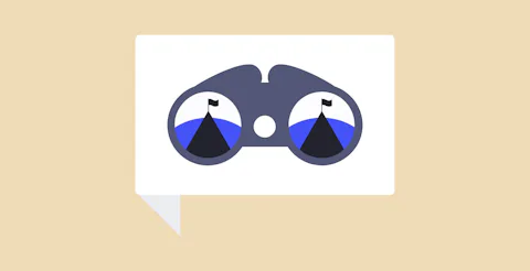 Illustration of binoculars on a white background, they are looking at a mountain with a flag on it.