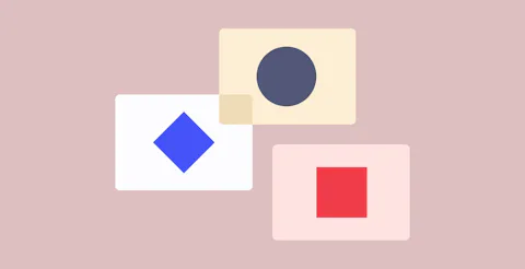 3 cards on a light pink background with shapes on them (diamond, circle and square).