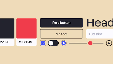 An abstract illustration of the anatomy of modern web design, showing colour swatches, buttons and headings.