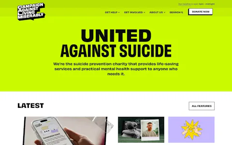 Homepage of the CALM, Campaign Against Living Miserably website, built on Craft CMS
