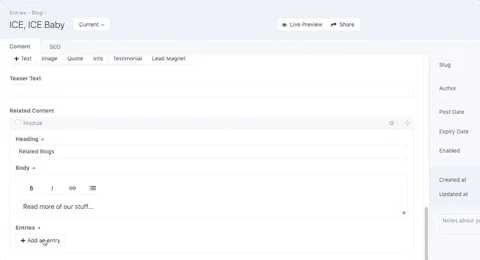 Craft cms create content within content